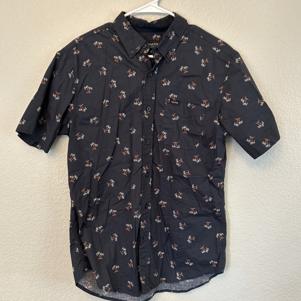 Matix Mens Tropical Palm Tree Print Short Sleeve Button Up Shirt Beach Size M